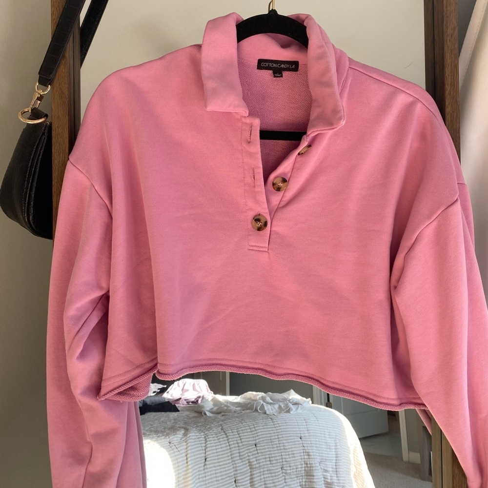 Pink Cropped Collared Sweatshirt